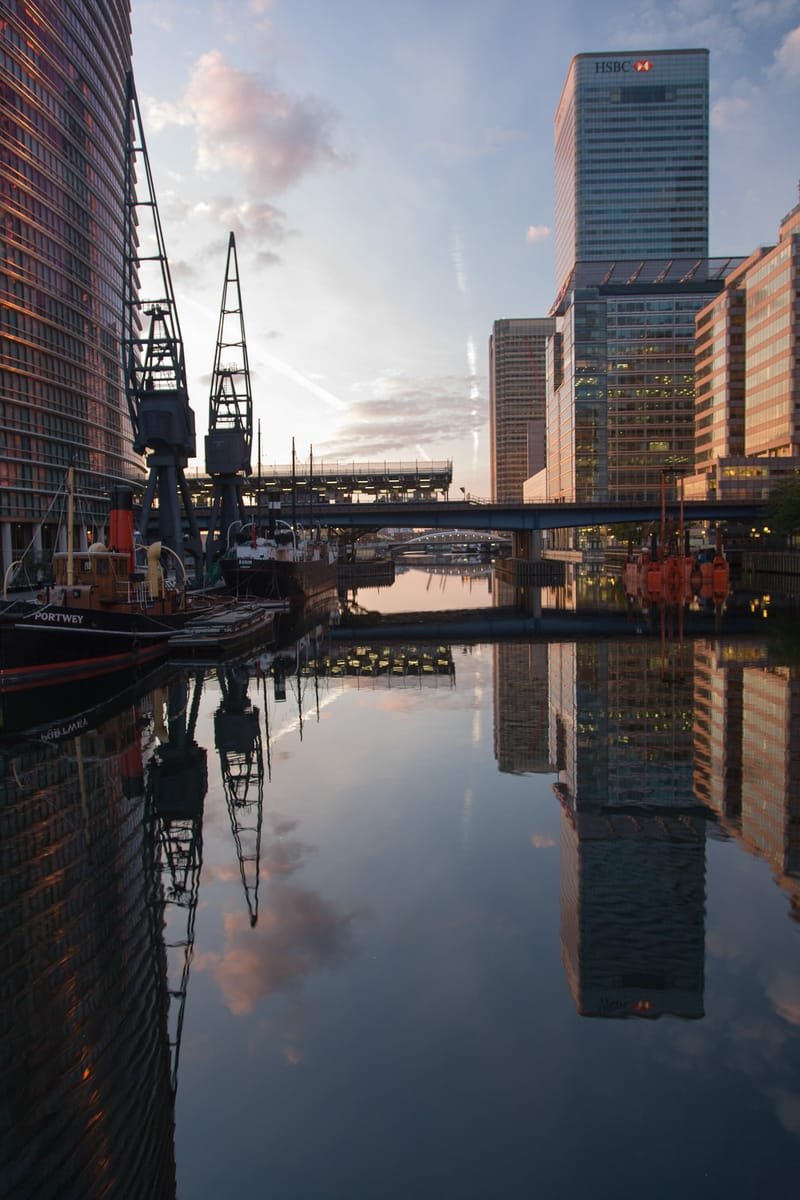 Canary Wharf towers and dockside cranes mirrored in still water at sunrise